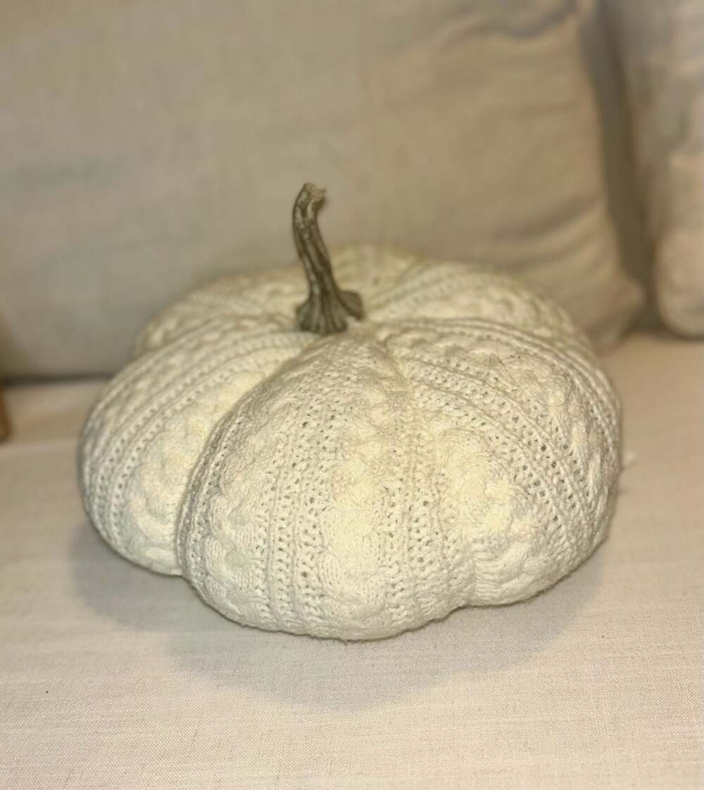Cable Knit Decorative Pumpkin White Halloween Decor 4” x 8”